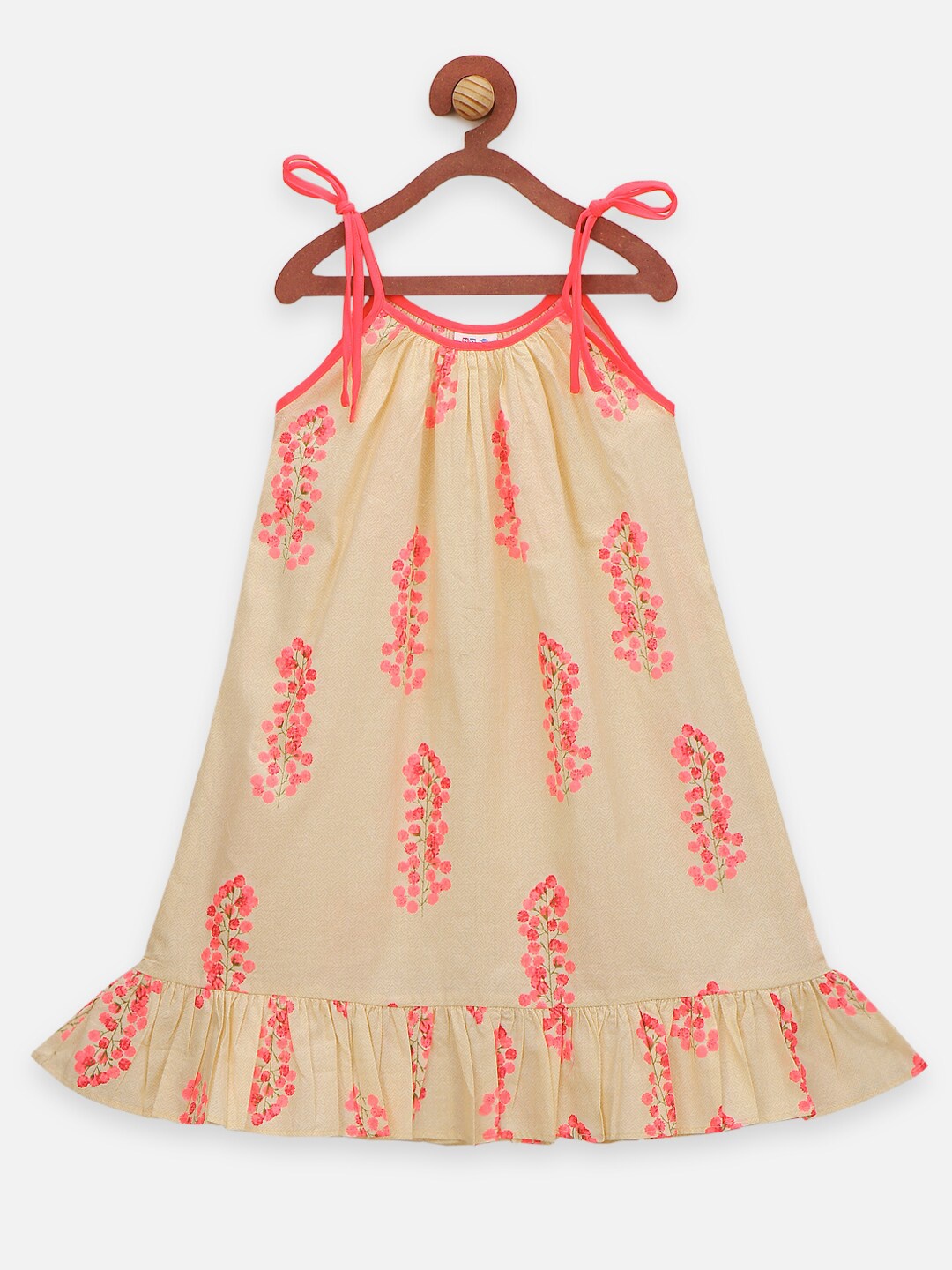 

LilPicks Girls Beige & Pink Floral Printed Shoulder Straps A-Line Dress