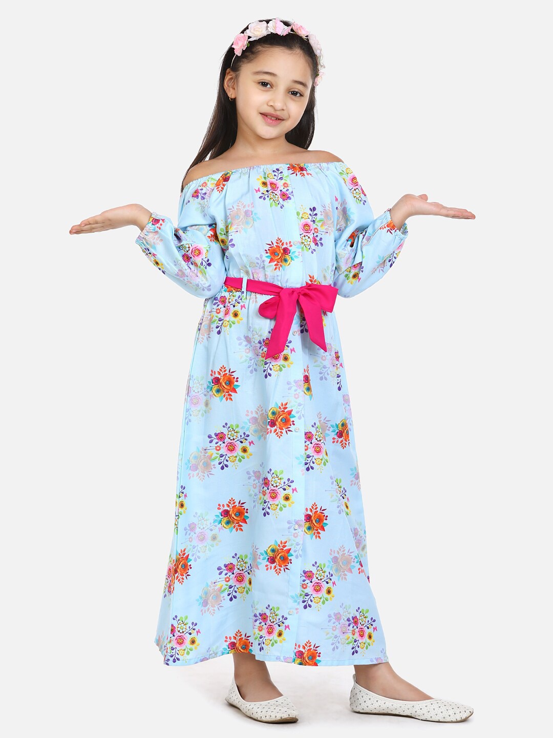 

LilPicks Girls Turquoise Blue Floral Off-Shoulder Maxi Dress