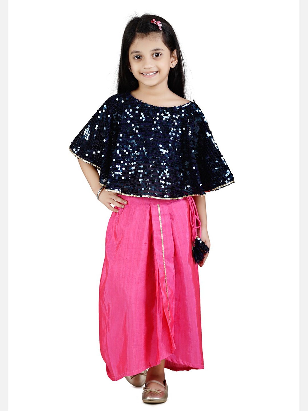 

LilPicks Girls Navy Blue & Pink Embellished Top with Drape Skirt