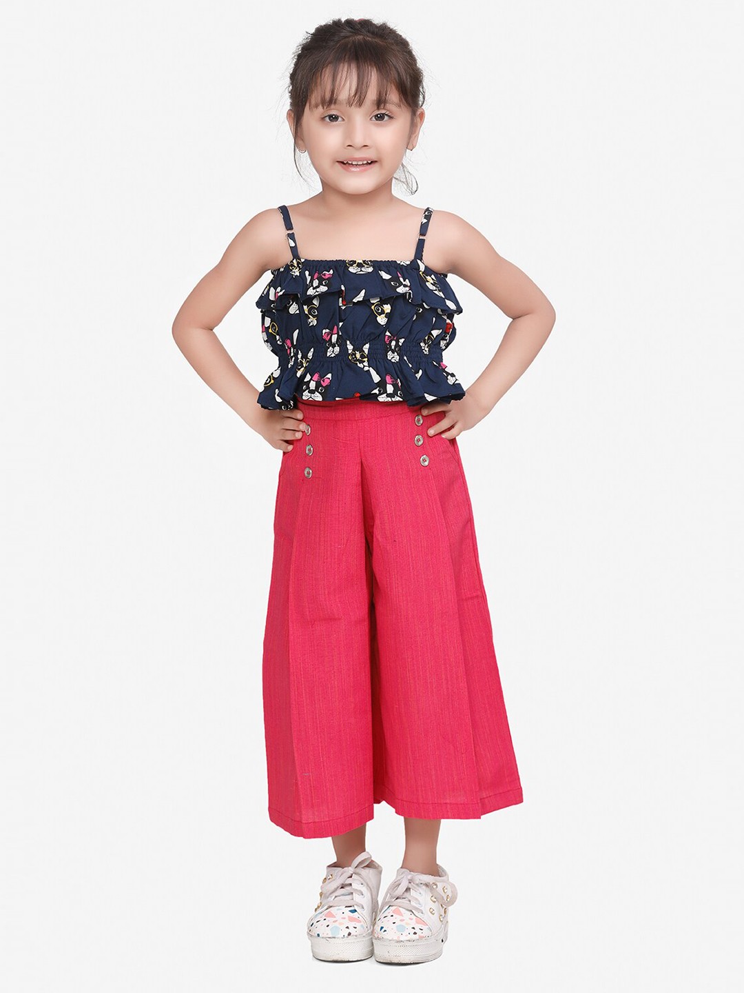 

LilPicks Girls Blue & Magenta Printed Top with Culottes