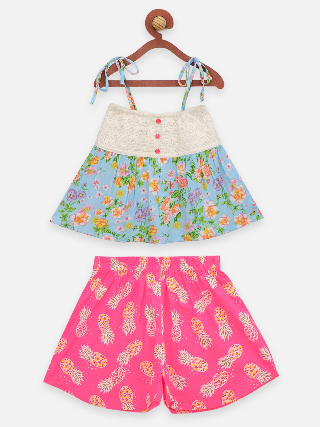 

LilPicks Girls Blue & Pink Printed Pure Cotton Top with Shorts Set