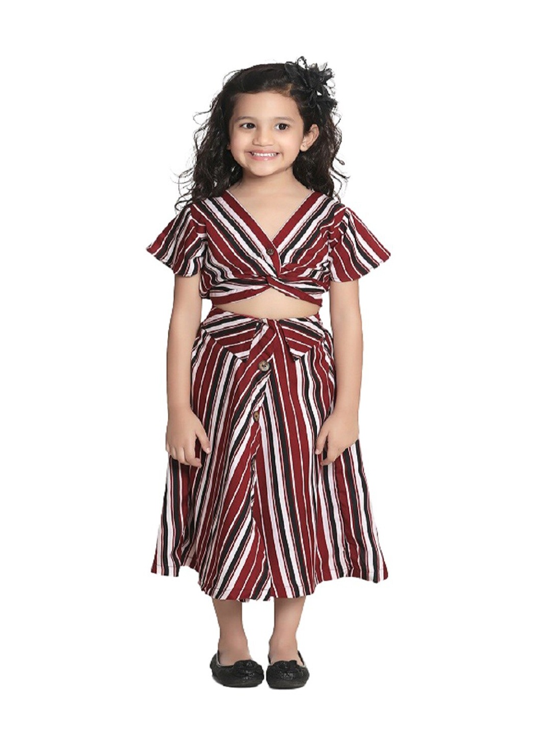 

LilPicks Girls Maroon Striped Crop Top With Skirt Set
