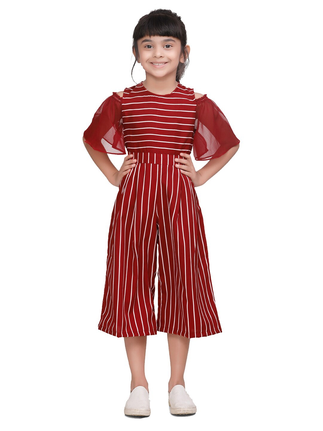 

LilPicks Girls Maroon & White Striped Culotte Jumpsuit