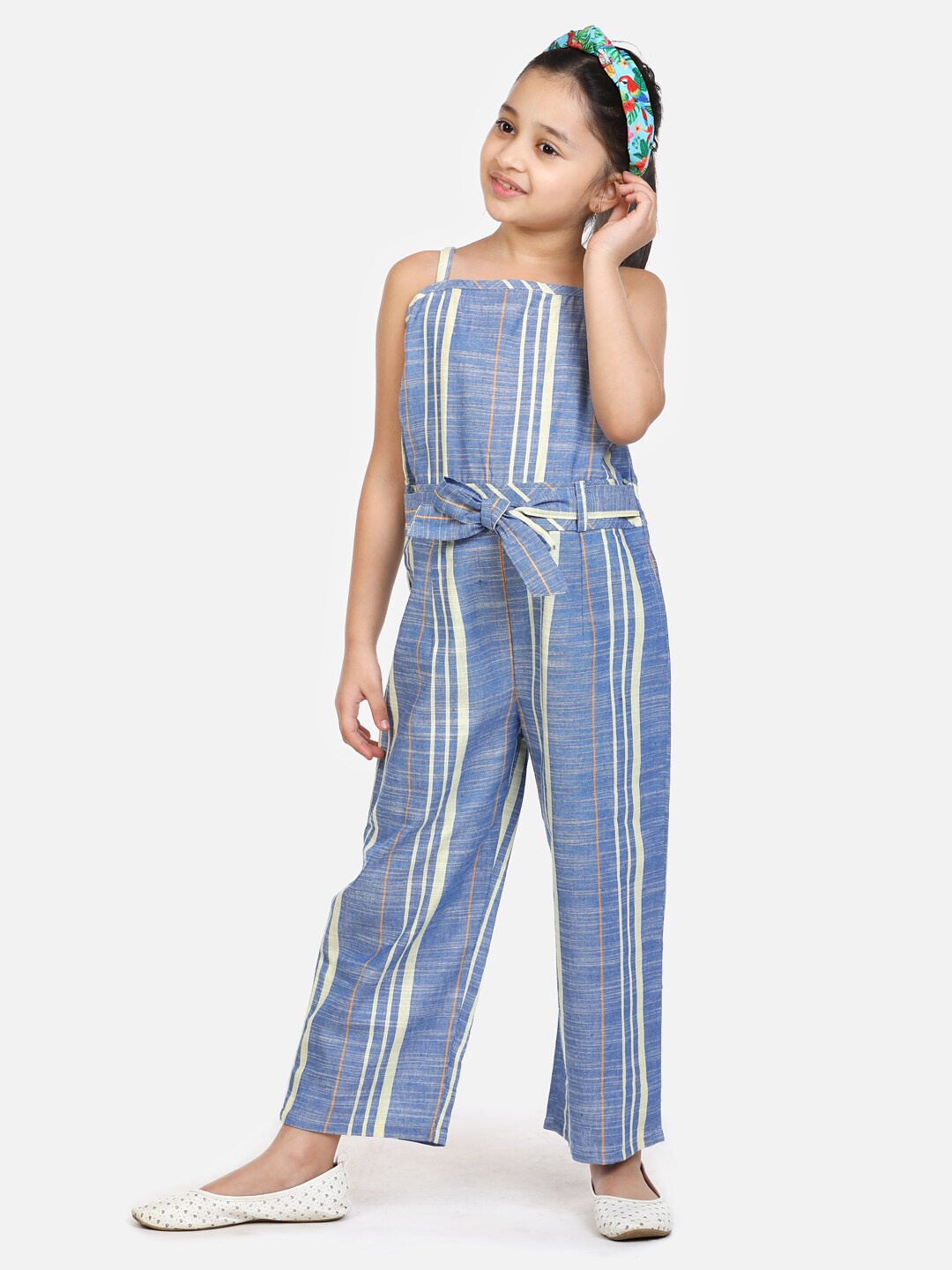 

LilPicks Girls Blue & White Striped Basic Jumpsuit