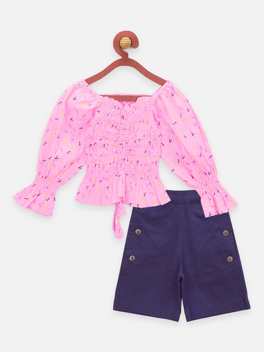 

LilPicks Girls Pink & Blue Printed Smocking Top with Shorts