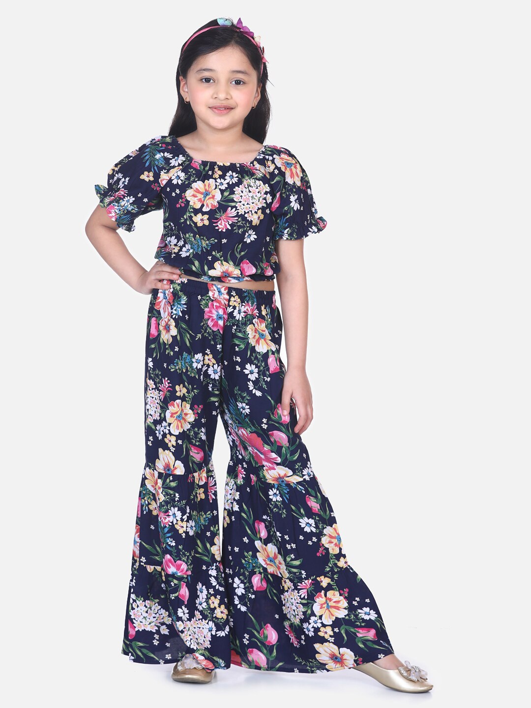 

LilPicks Girls Navy Blue & Pink Printed Top with Palazzos Set