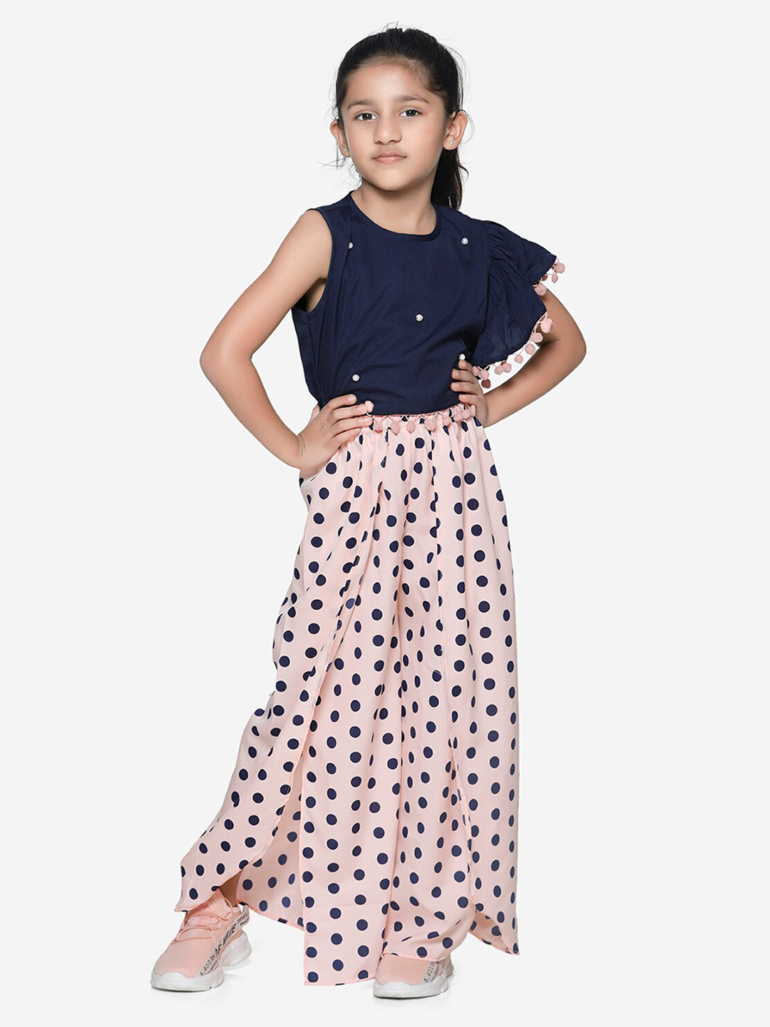 

LilPicks Girls Navy Blue & Pink Ruffle Top With Polka Tulip Palazzo Pant Set