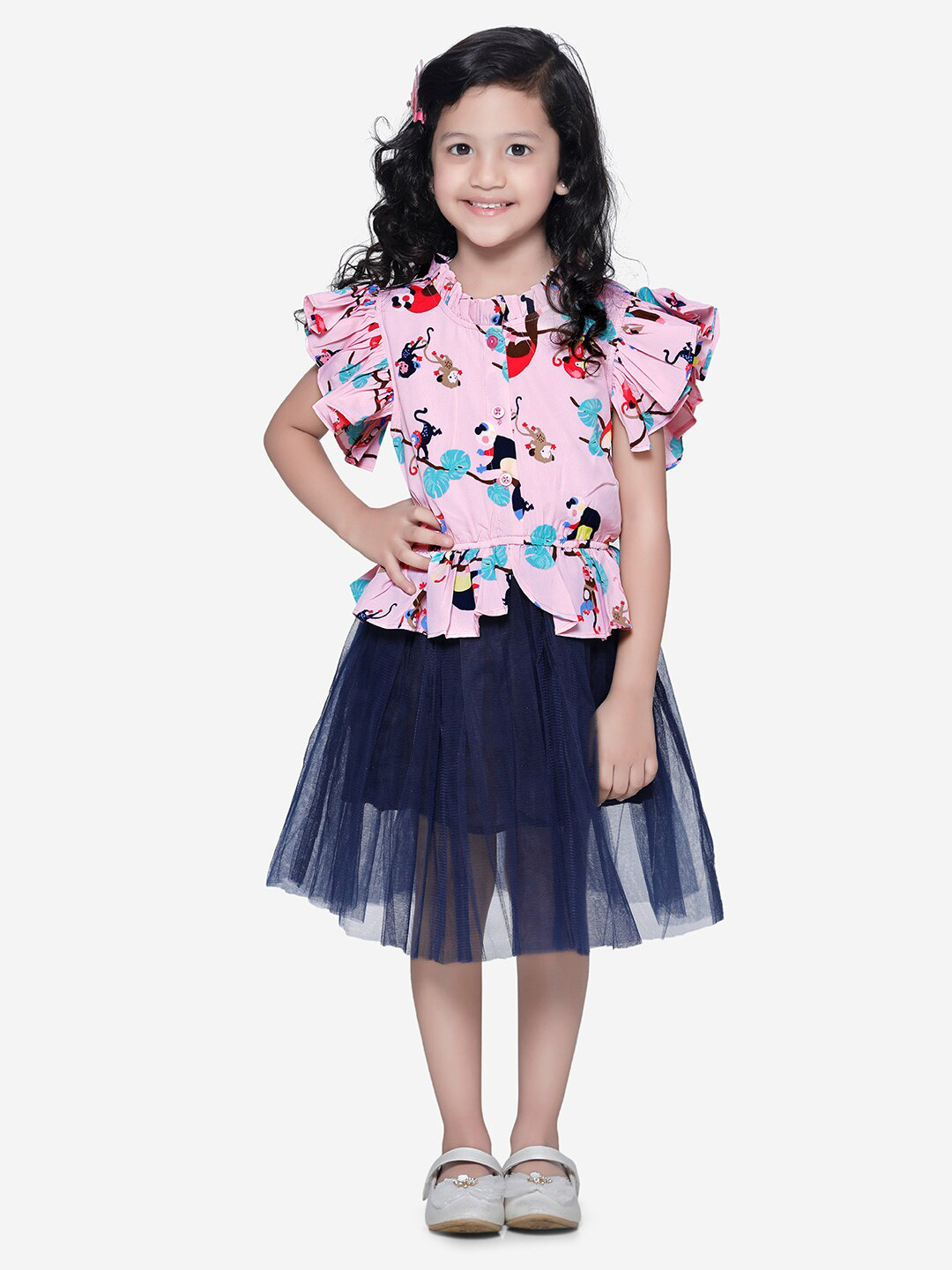 

LilPicks Girls Pink & Blue Printed Tulle Dress