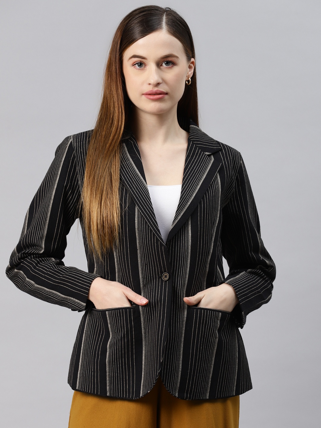 

Cottinfab Women Black Striped Open Front Blazer