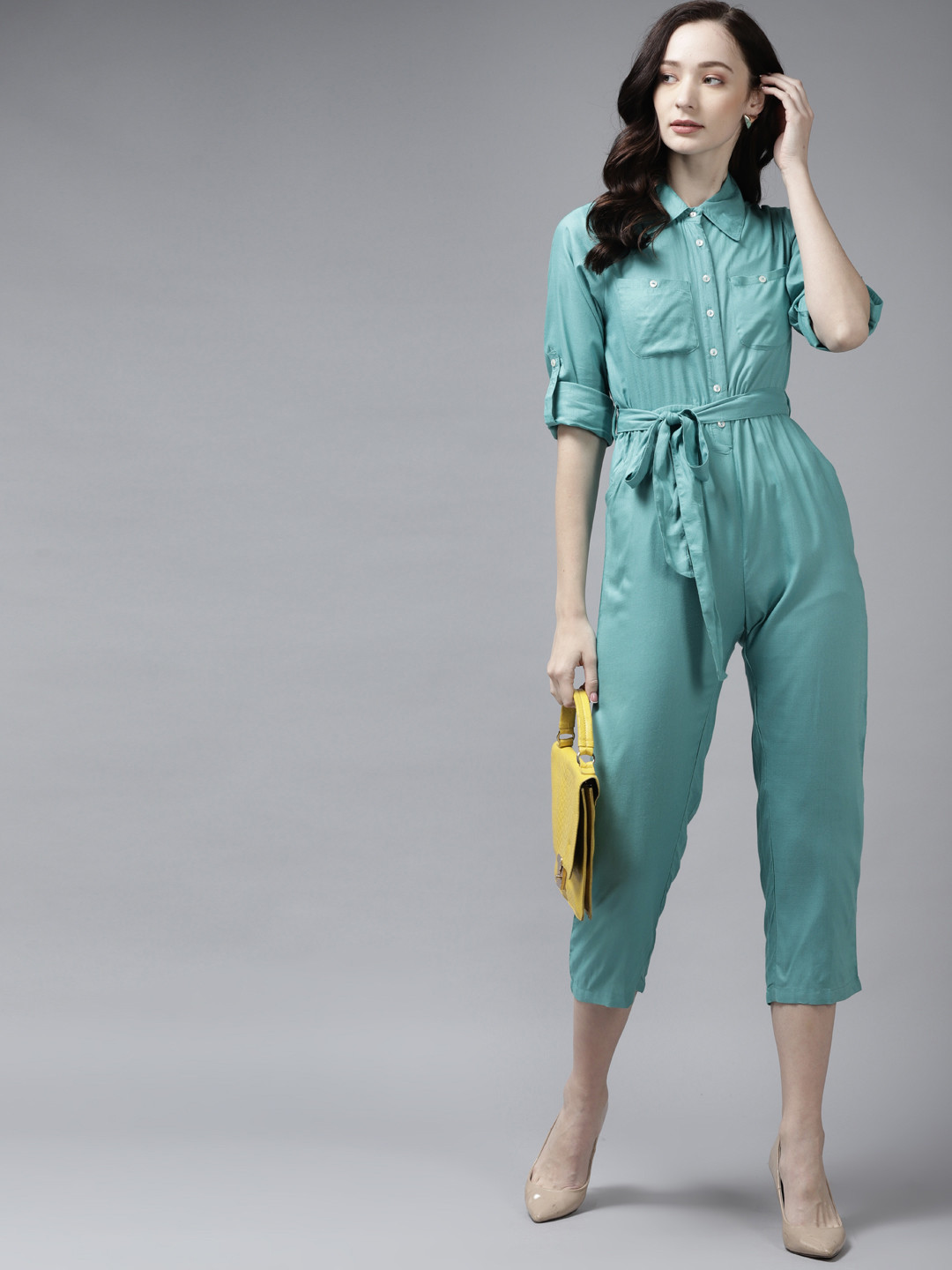 

The Dry State Turquoise Blue Shirt Collar Basic Jumpsuit