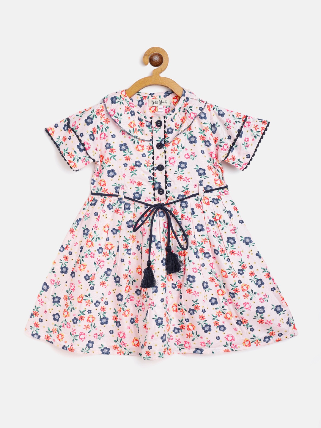 

Bella Moda Pink & Navy Blue Floral Printed Cotton A-Line Dress Comes With A Belt