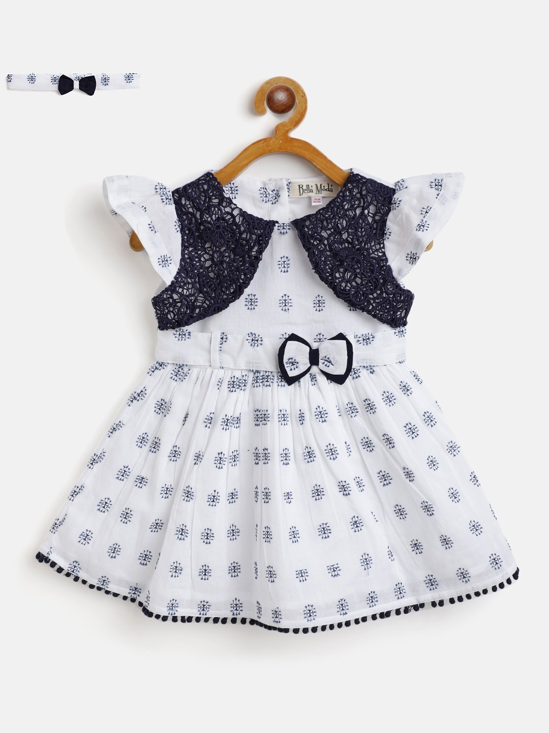 

Bella Moda White & Navy Blue Pure Cotton Printed A-Line Dress with Belt