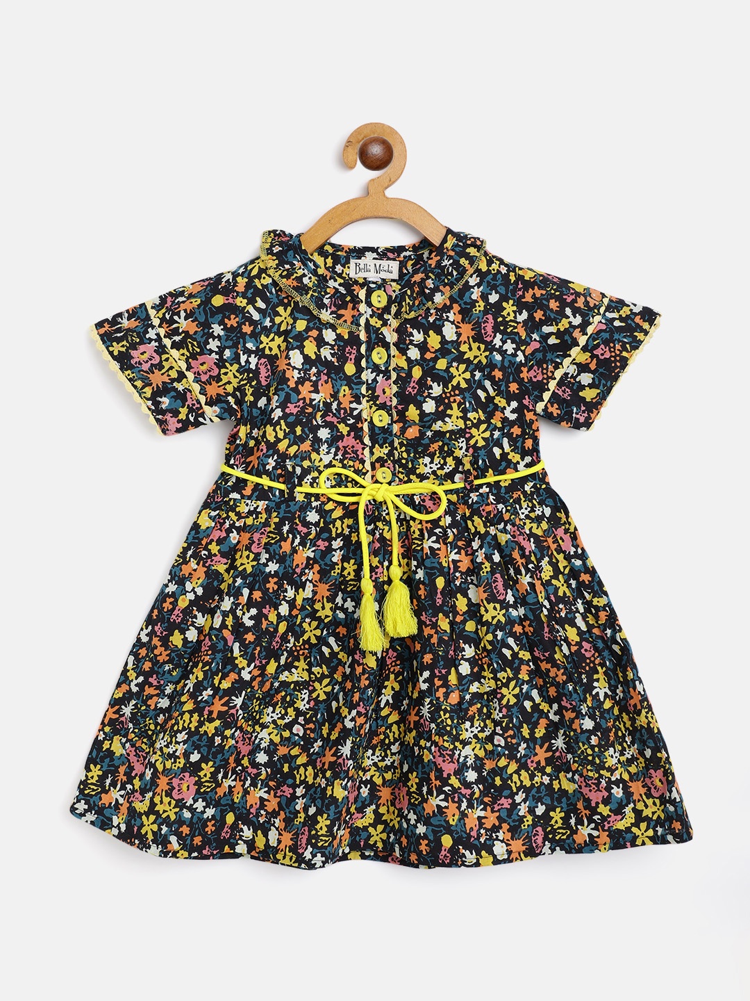 

Bella Moda Girls Yellow & Black Floral Print Peter Pan Collar Dress
