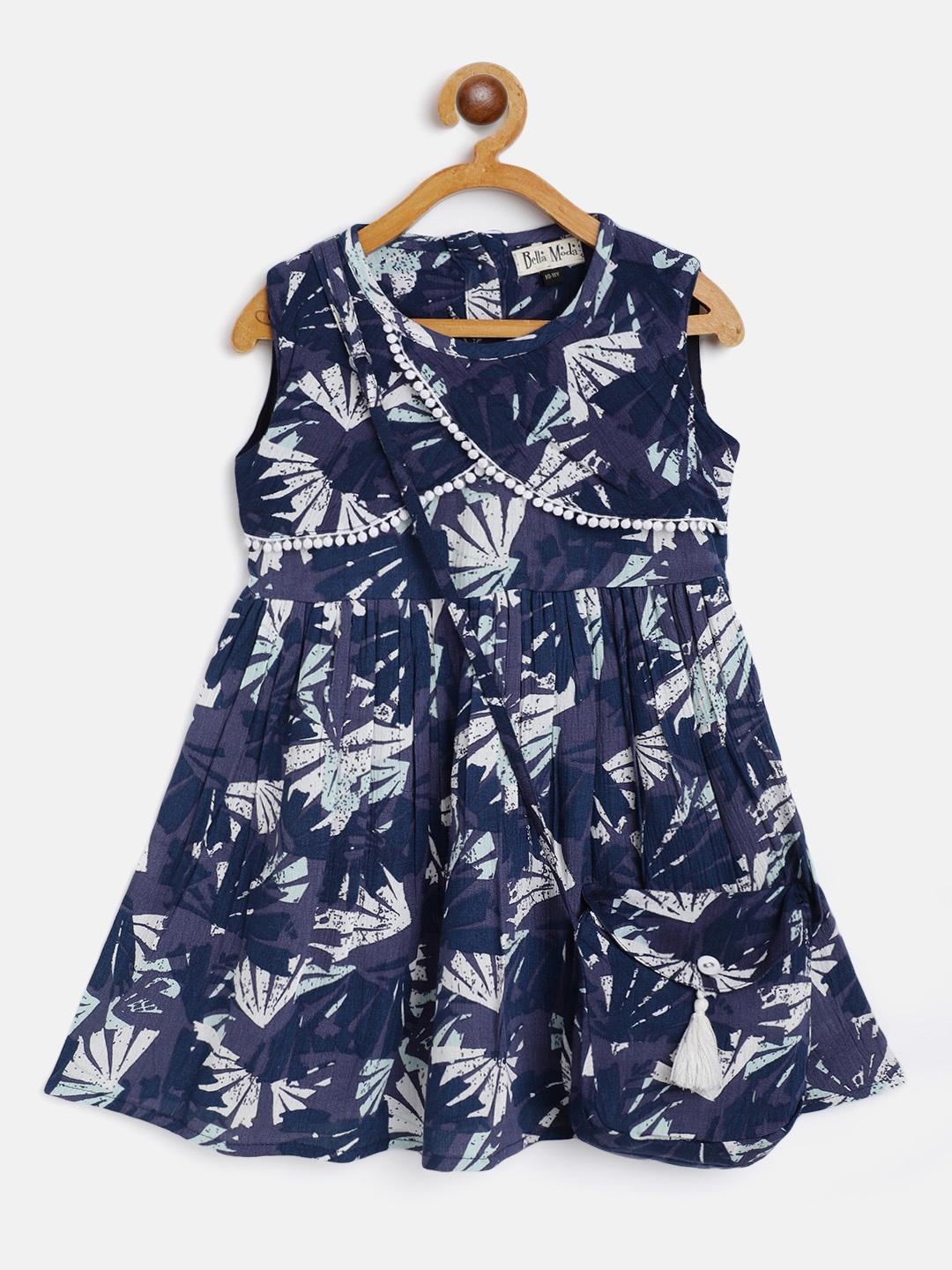 

Bella Moda Girls Navy Blue & Off White Tropical Print Dress