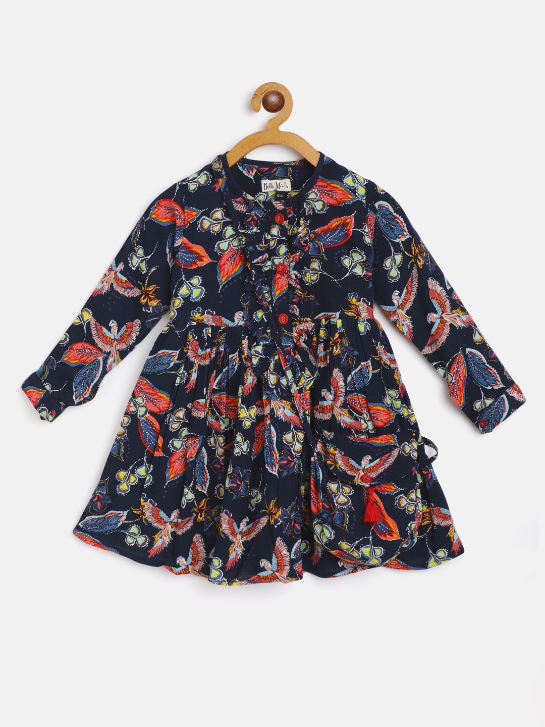 

Bella Moda Navy Blue Pure Cotton Printed A-Line Dress with Sling Bag