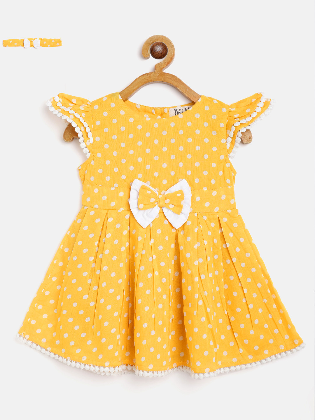 

Bella Moda Mustard Yellow & White Pure Cotton Polka Dots Print Dress with Hairband