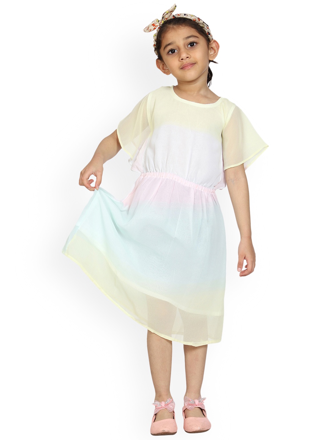 

KiddoPanti Girls Blue & Yellow Tie and Dyed A-Line Dress