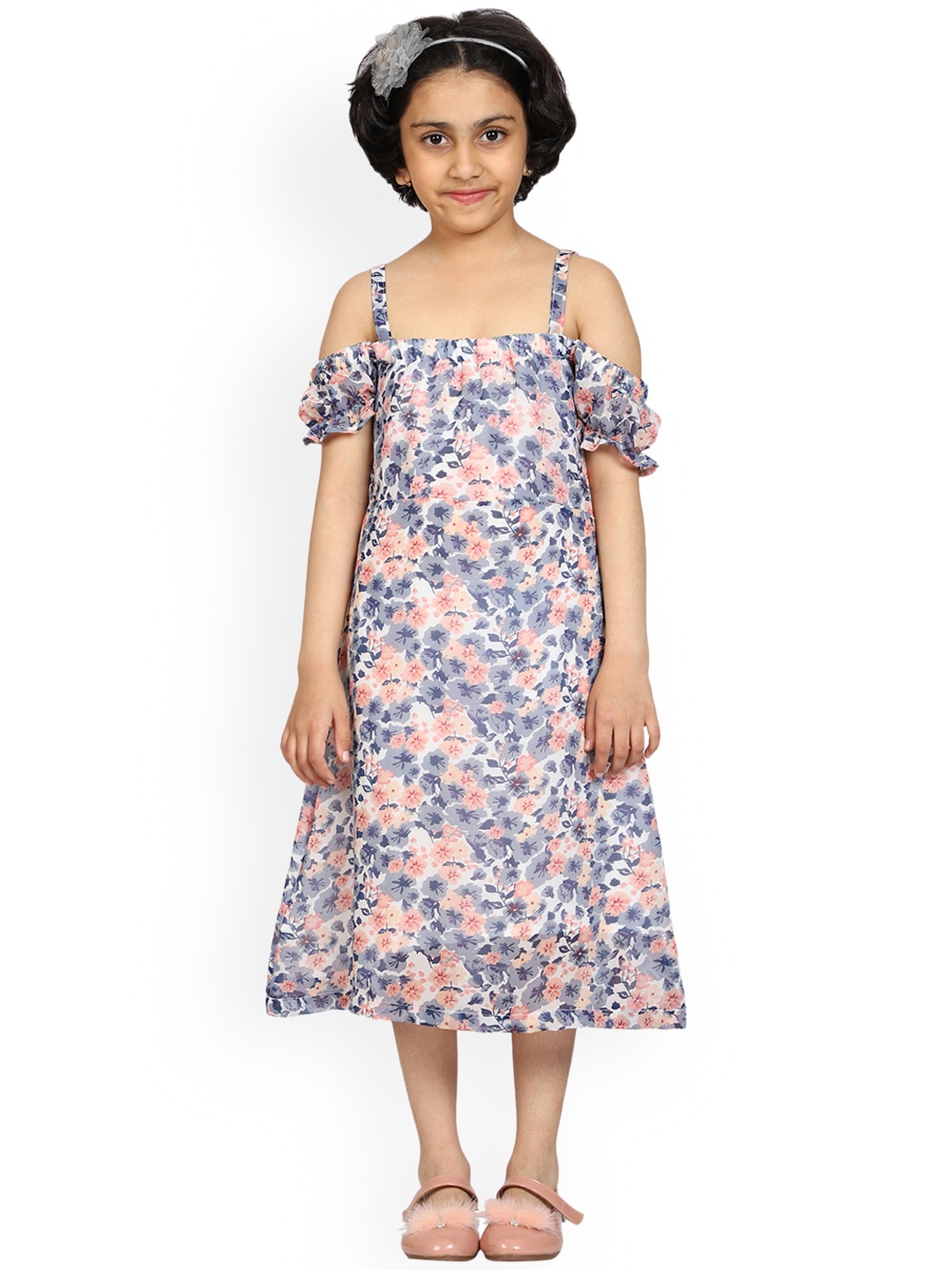 

KiddoPanti Girls Off-White & Blue Floral A-Line Midi Dress