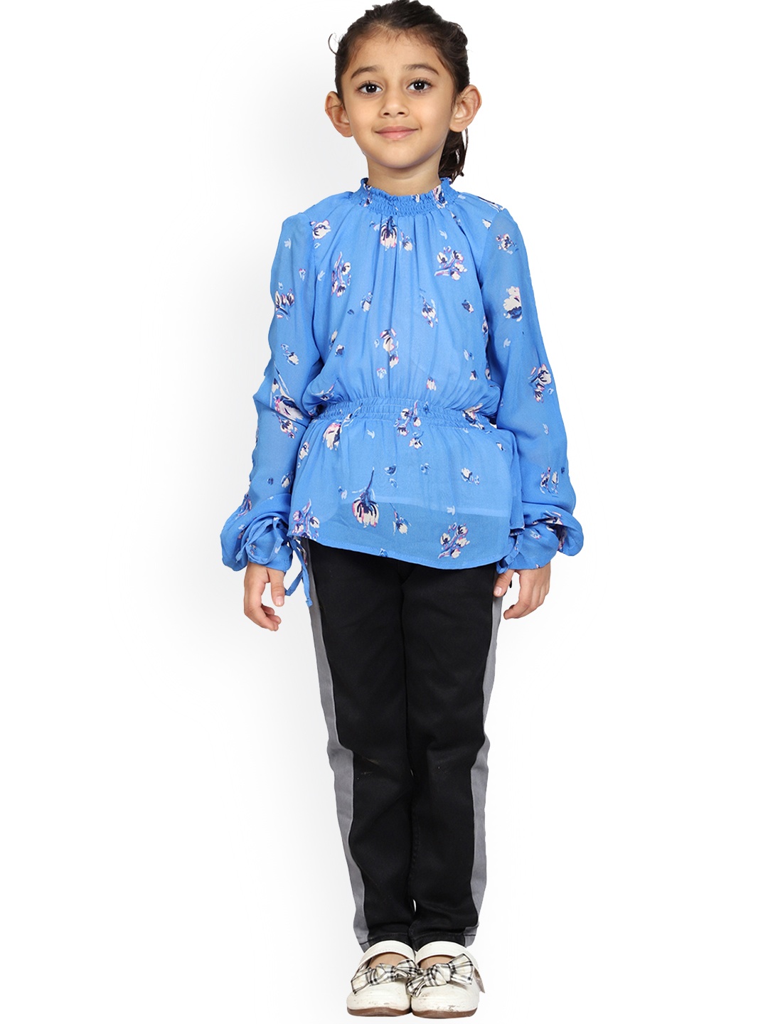

KiddoPanti Blue Floral Print Georgette Cinched Waist Top