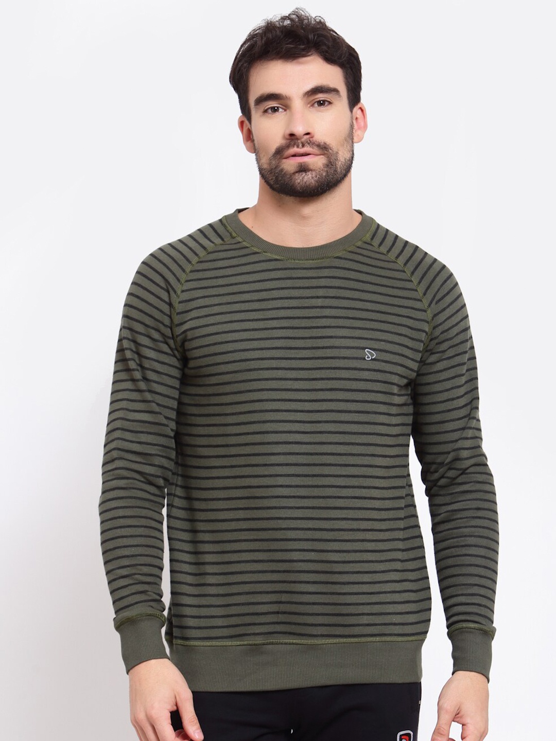 

SPORTO Men Olive Green & Black Striped Sweatshirt