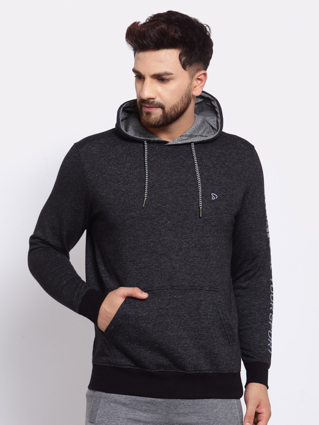 

SPORTO Men Black Striped Hooded Sweatshirt