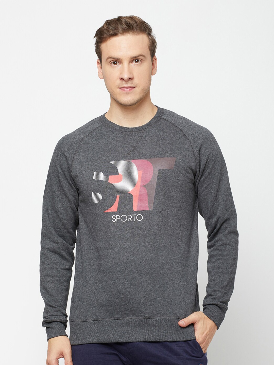 

SPORTO Men Charcoal Grey & Pink Brand Logo Printed Sweatshirt