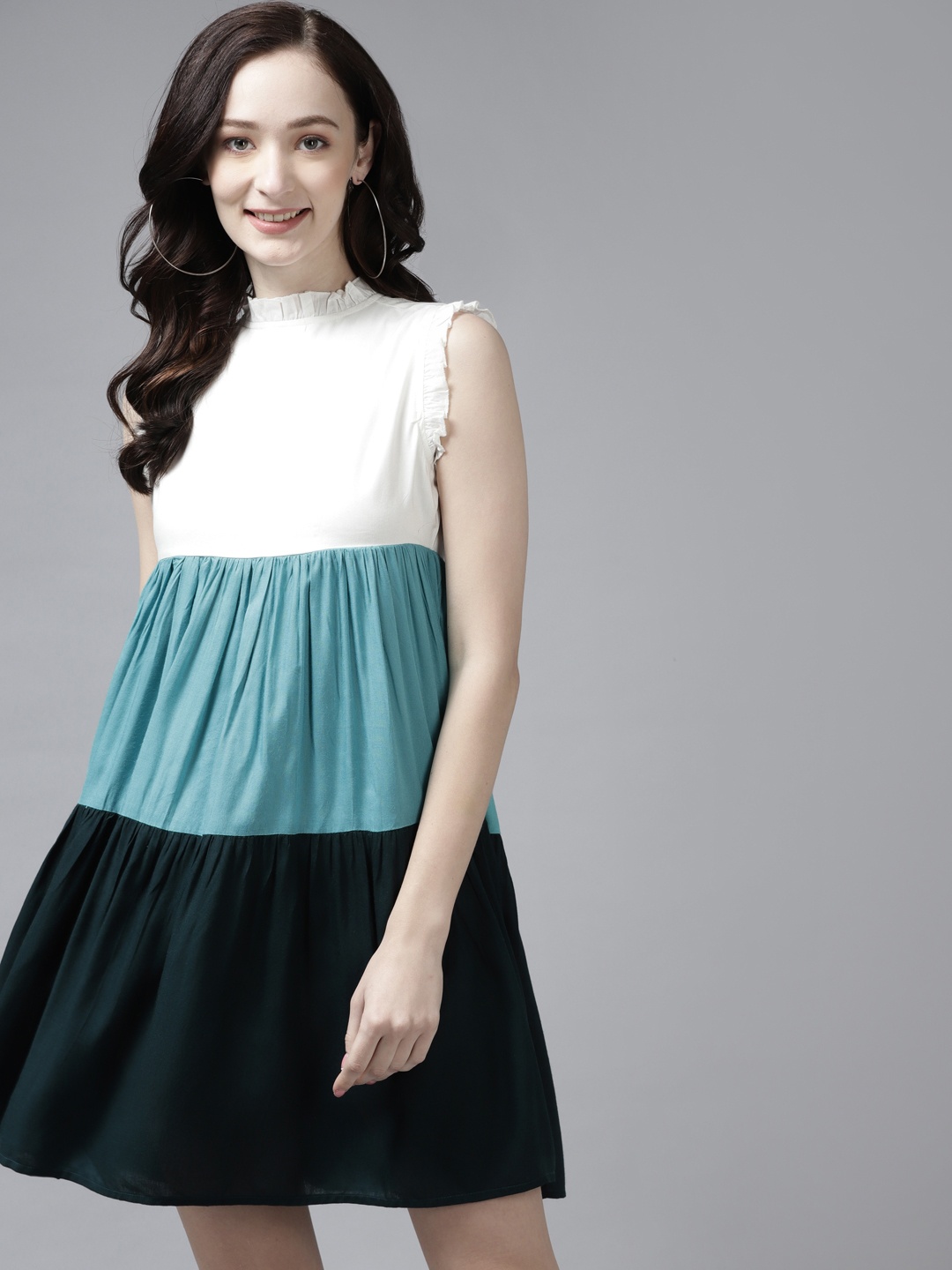 

The Dry State White & Turquoise Blue Colourblocked Trapeze Dress