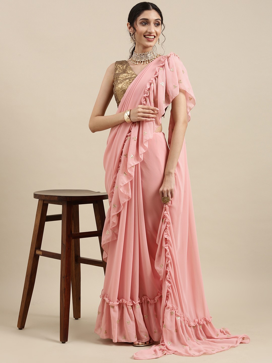 

Ethnovog Pink Satin Embroidered Ruffles Saree With Stitched Blouse