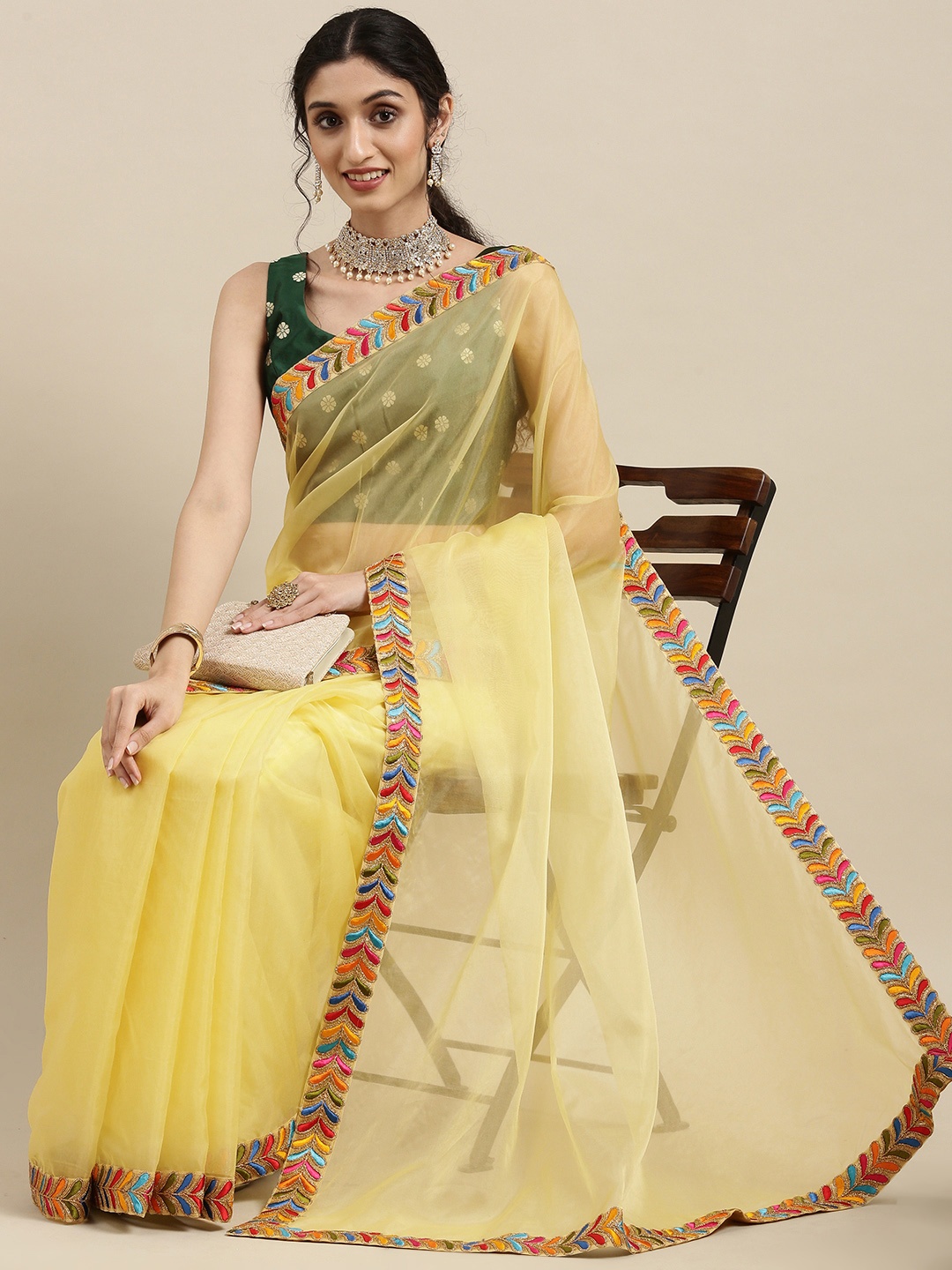 

Ethnovog Embroidered Net Saree With Stitched Blouse, Yellow