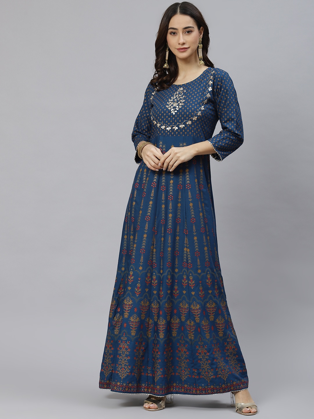 

Ives Women Navy Blue Ethnic Motifs Embroidered Anarkali Kurta
