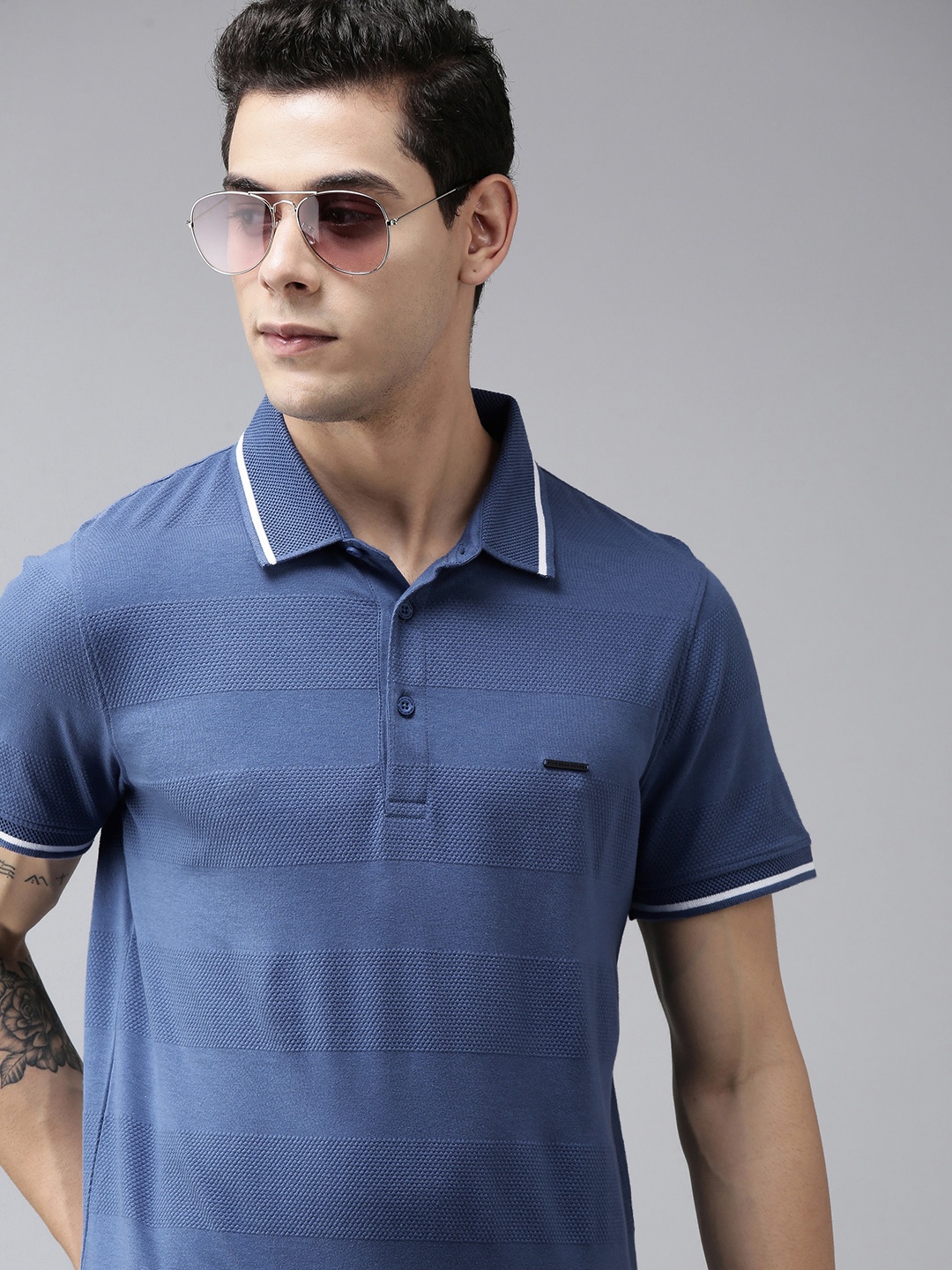 

THE BEAR HOUSE Men Blue Polo Collar Slim Fit T-shirt