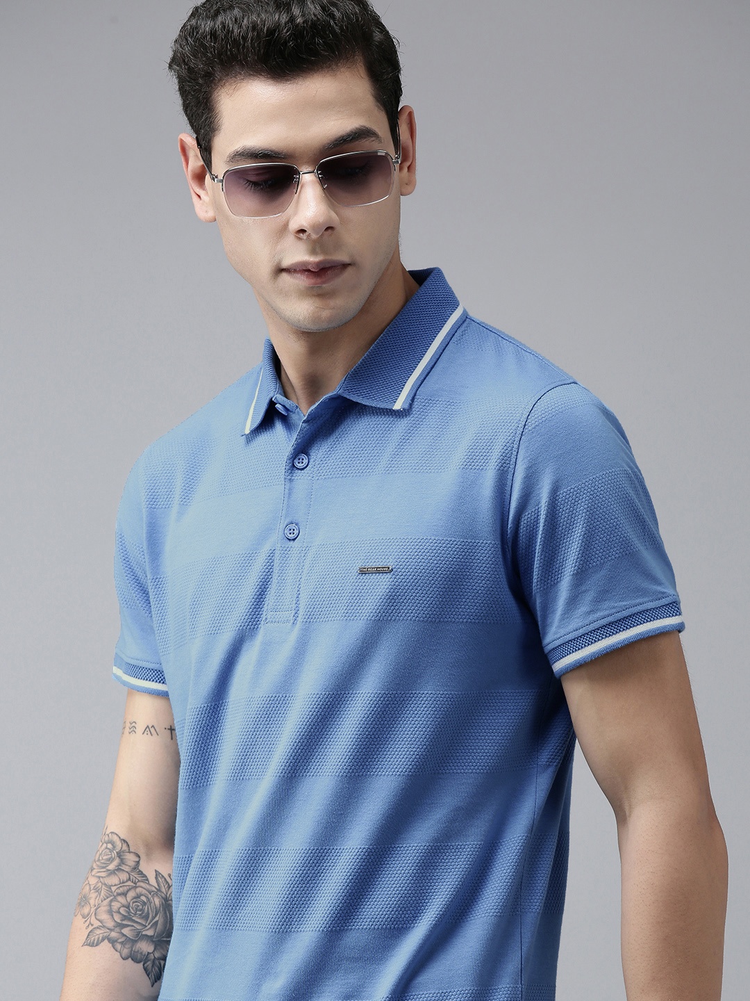 

THE BEAR HOUSE Men Blue Polo Collar Slim Fit T-shirt