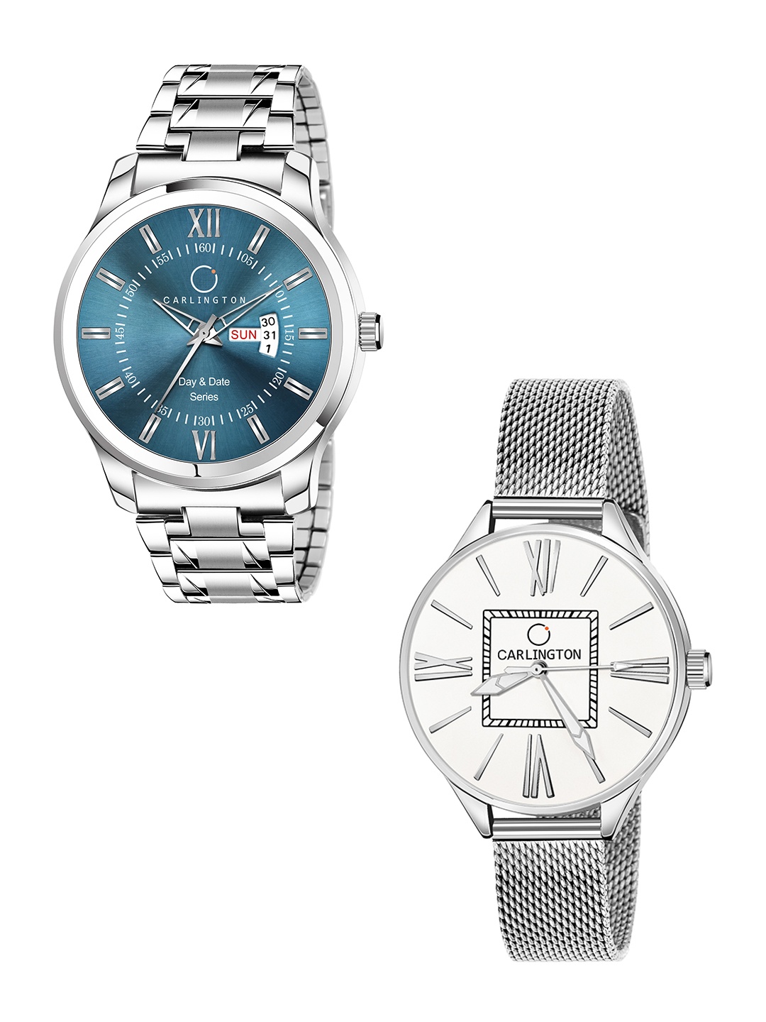 

CARLINGTON Unisex Set of 2 Silver Toned Bracelet Style Straps Analogue Watches