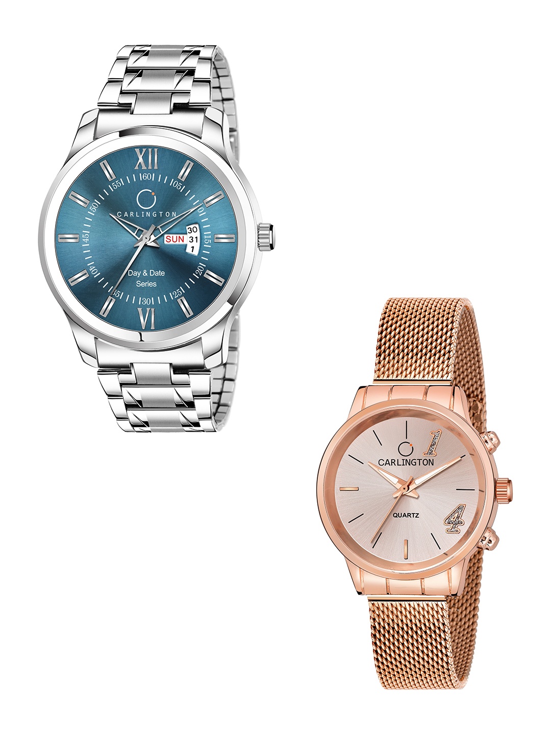 

CARLINGTON His & Her Rose Gold Dial & Silver Stainless Steel Bracelet Style Analogue Watch