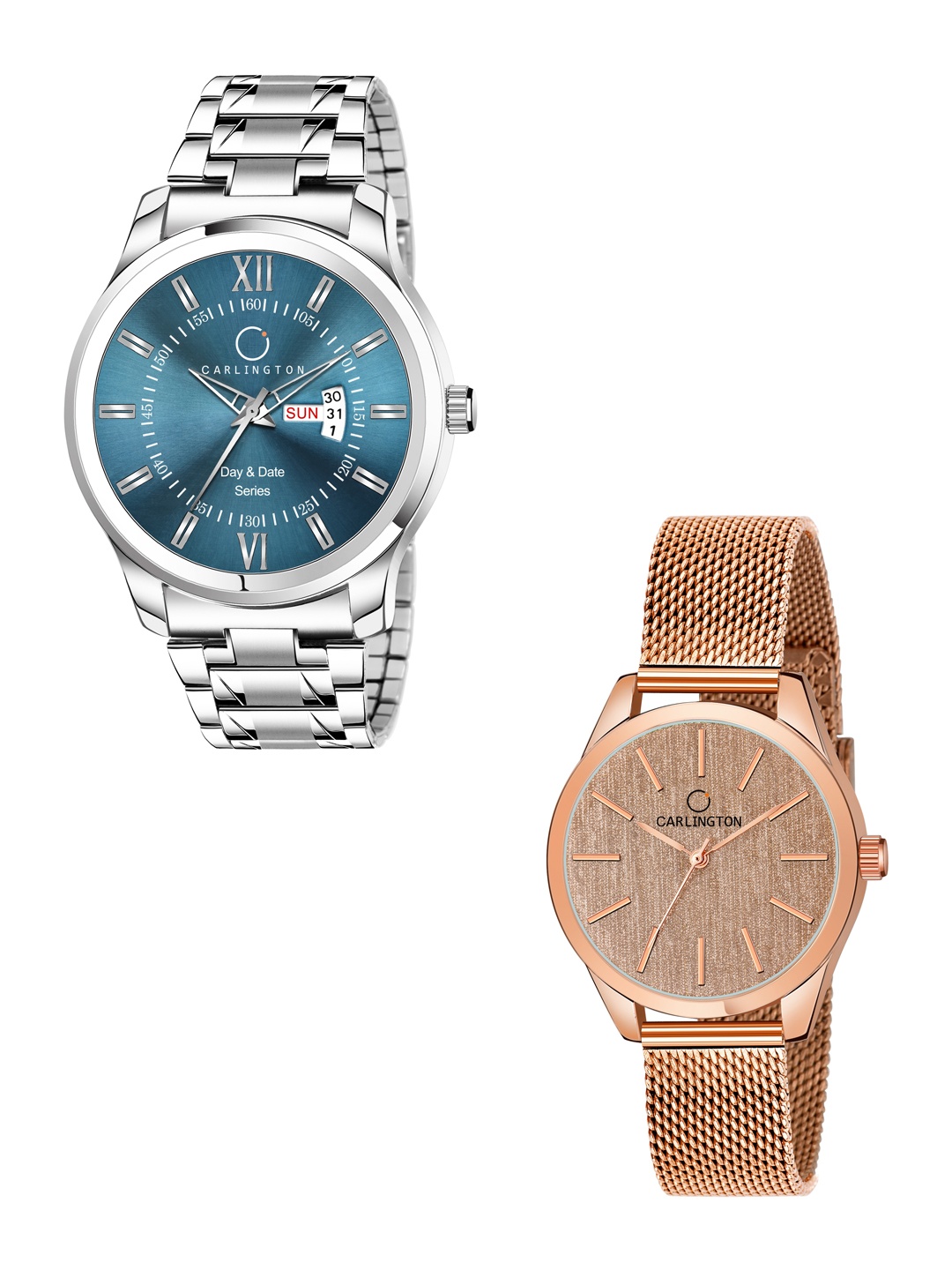 

CARLINGTON His and Her Bracelet Style Analogue Watch - Combo G01 Pastel-CT2001 RoseGold, Blue