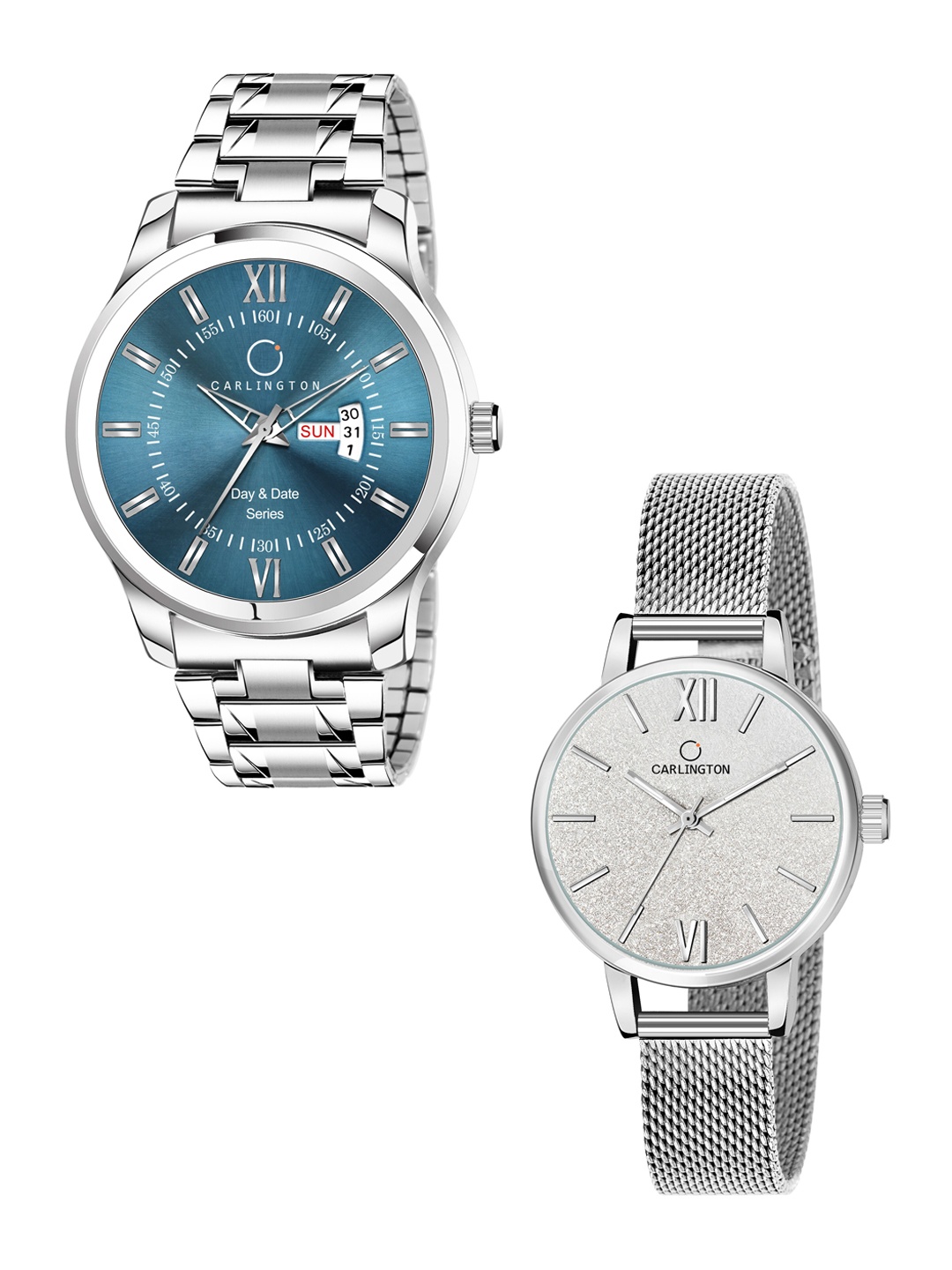 

CARLINGTON His & Her Blue Dial & Silver Stainless Steel Bracelet Style Analogue Watch