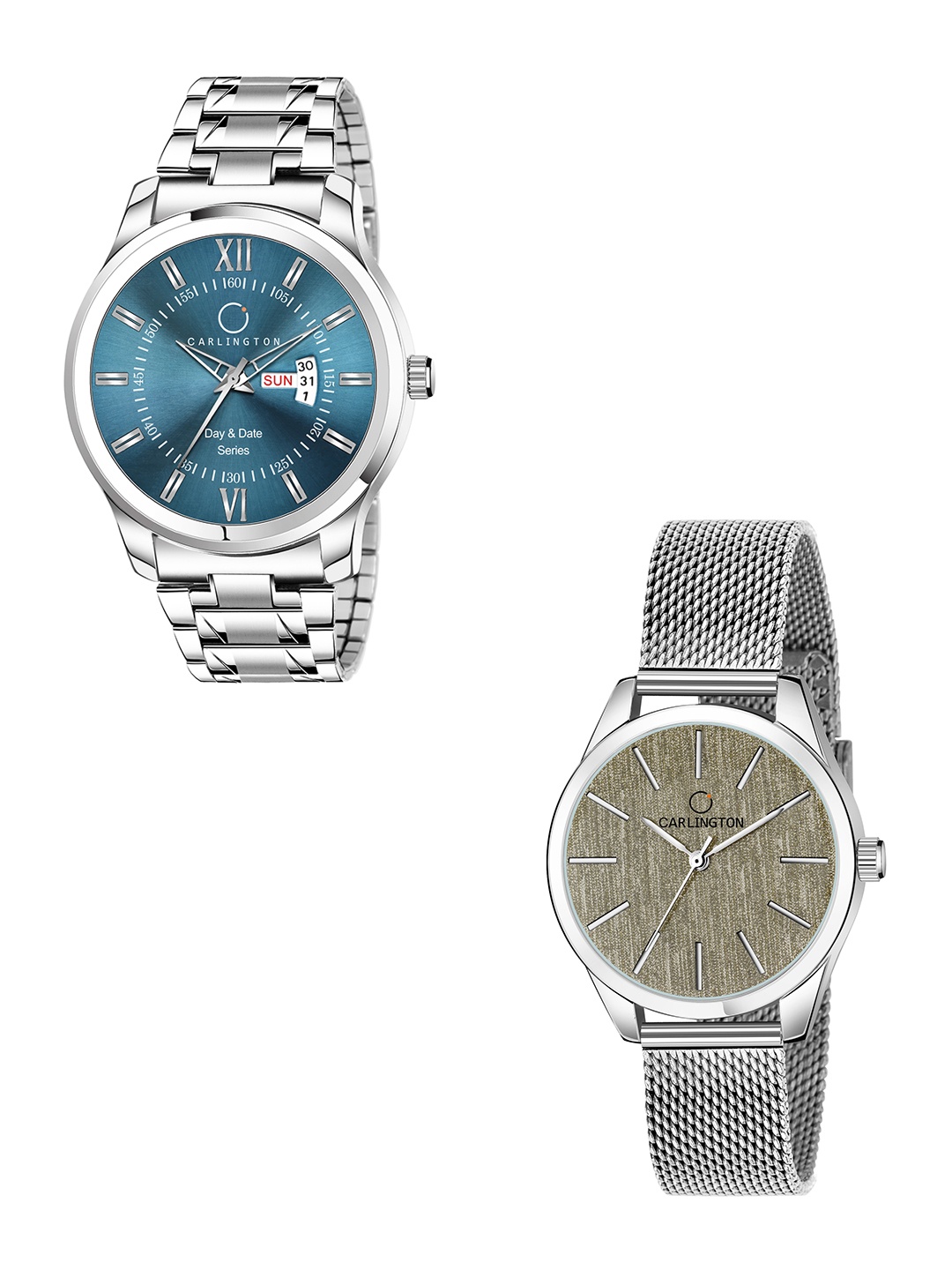 

CARLINGTON His and Her Bracelet Style Analogue Watch - Combo G01 Pastel-CT2001 Silver, Blue