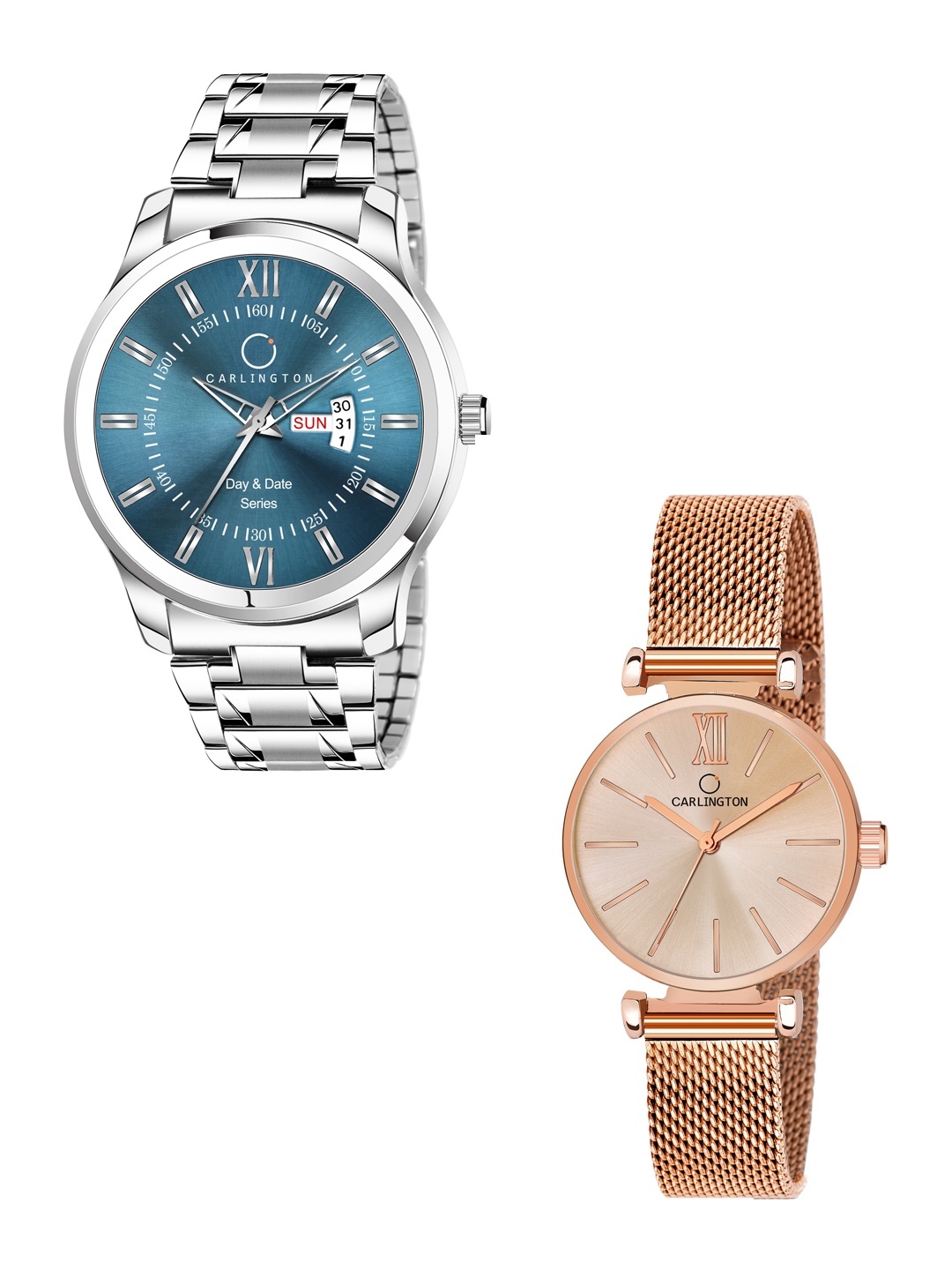 

CARLINGTON His and Her Bracelet Style Analogue Watch - Combo G01 Pastel-CT2016 RoseGold, Blue