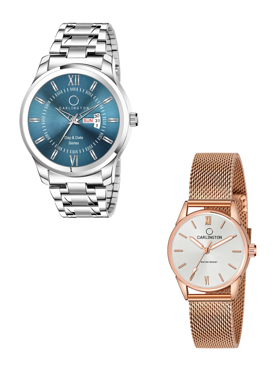 

CARLINGTON Blue & White Stainless Steel Bracelet Style His & Her Analogue Watch CT2008, Black