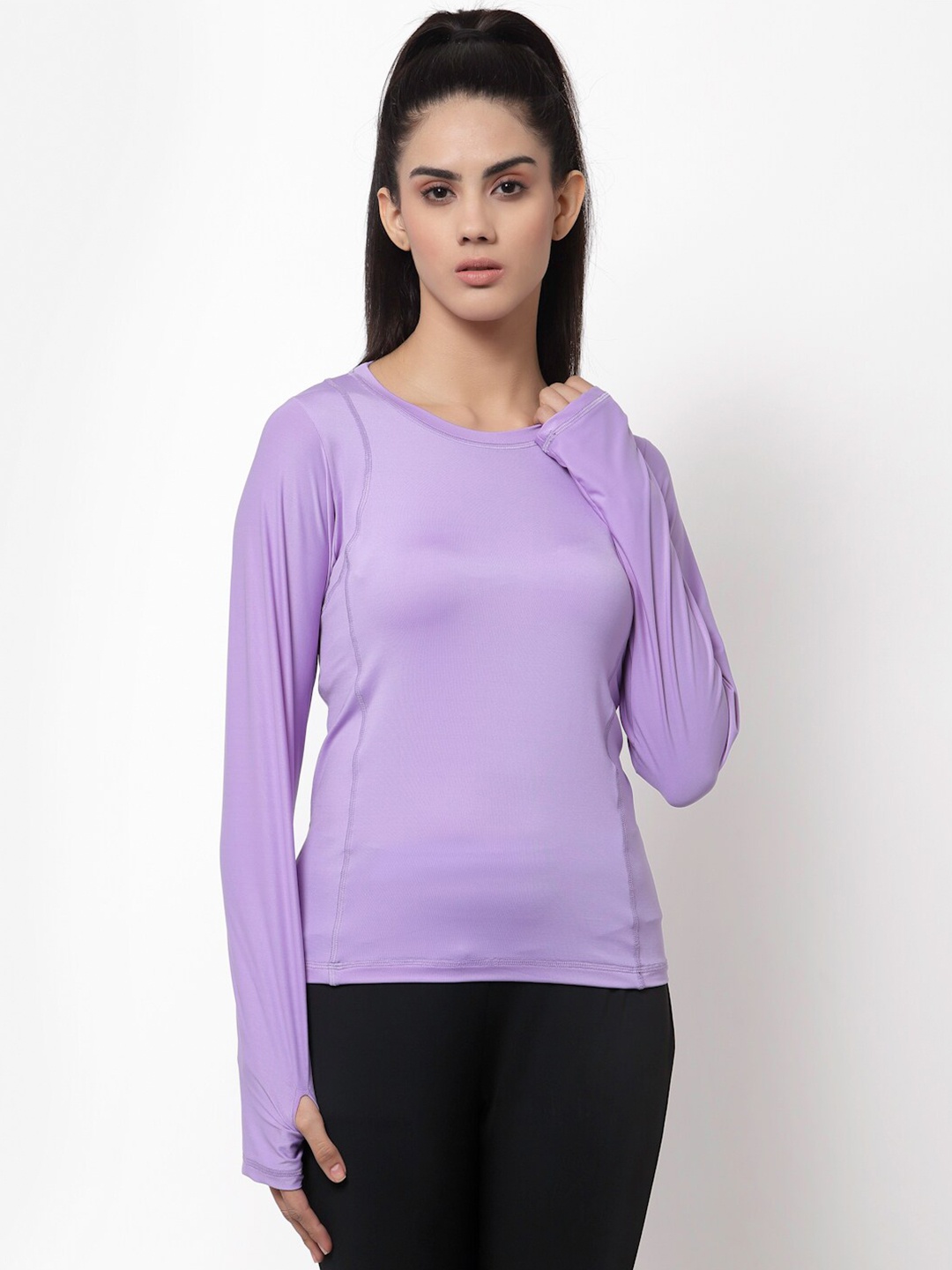 

CUKOO Women Purple Extended Sleeves Pockets Training or Gym T-shirt