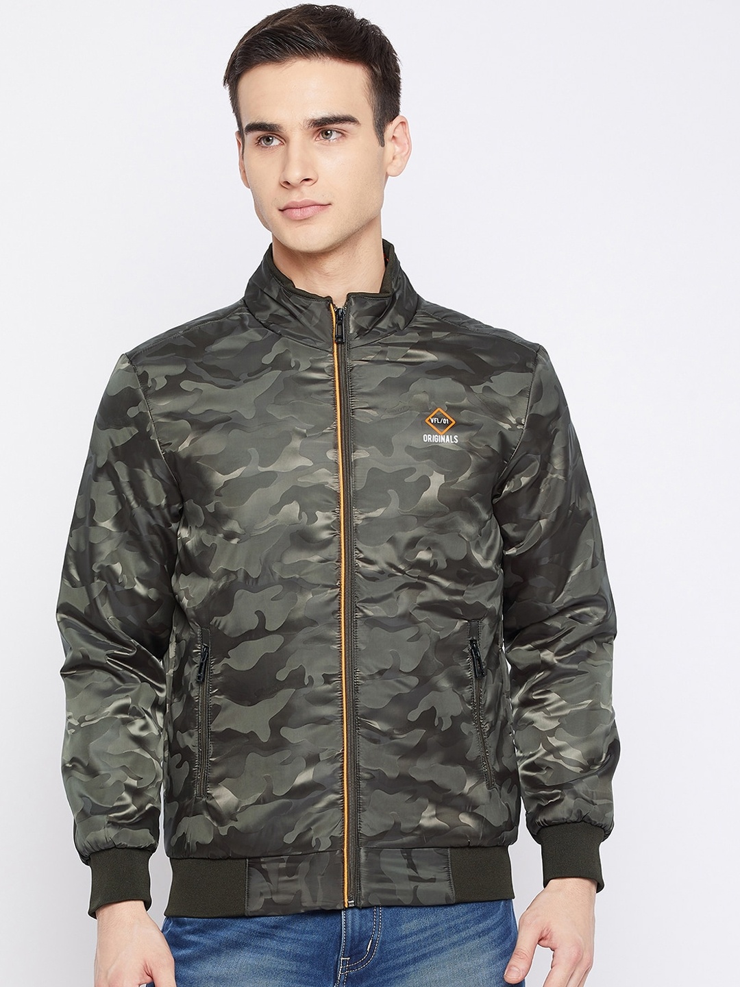 

Camey Men Olive Green Camouflage Print Lightweight Bomber Jacket