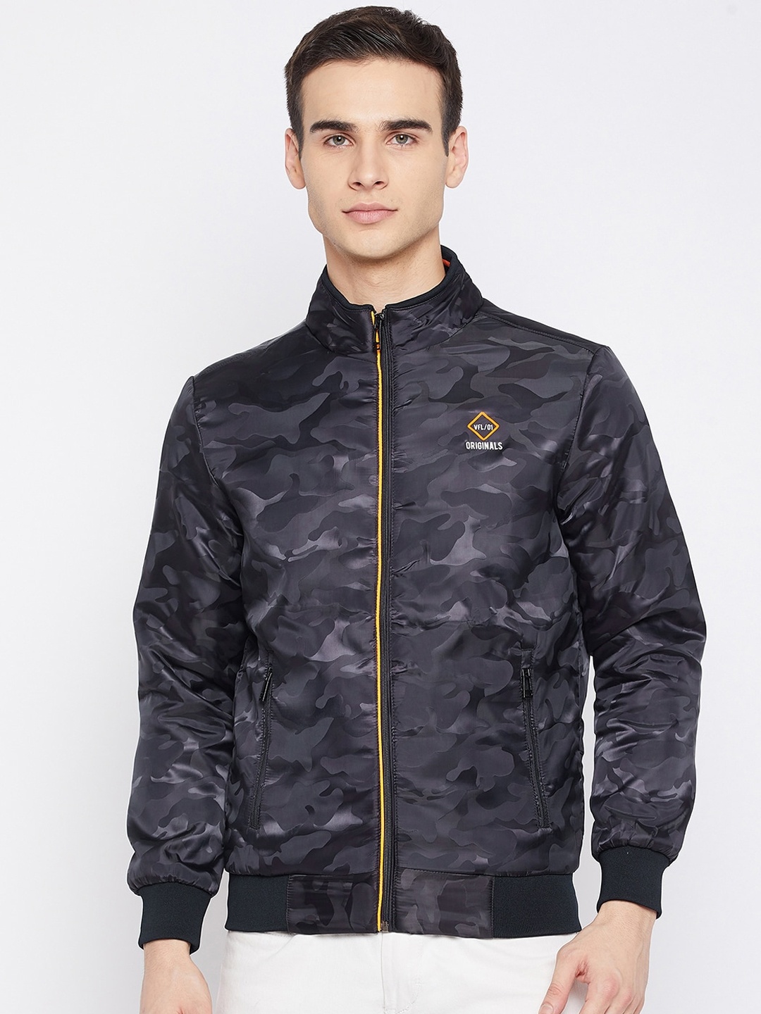 

Camey Men Navy Blue Camouflage Print Lightweight Bomber Jacket