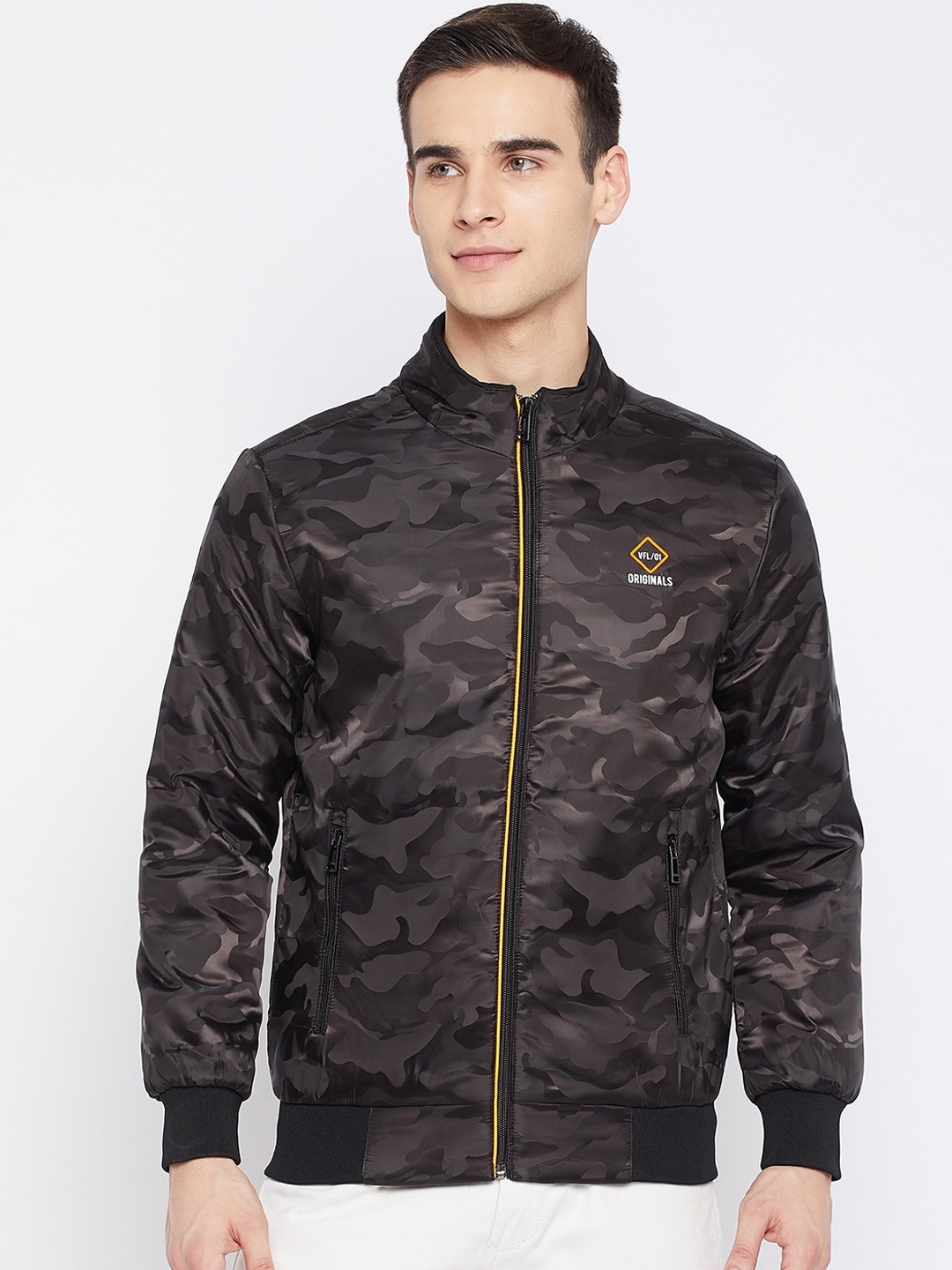 

Camey Men Black & Charcoal Grey Camouflage Print Lightweight Bomber Jacket