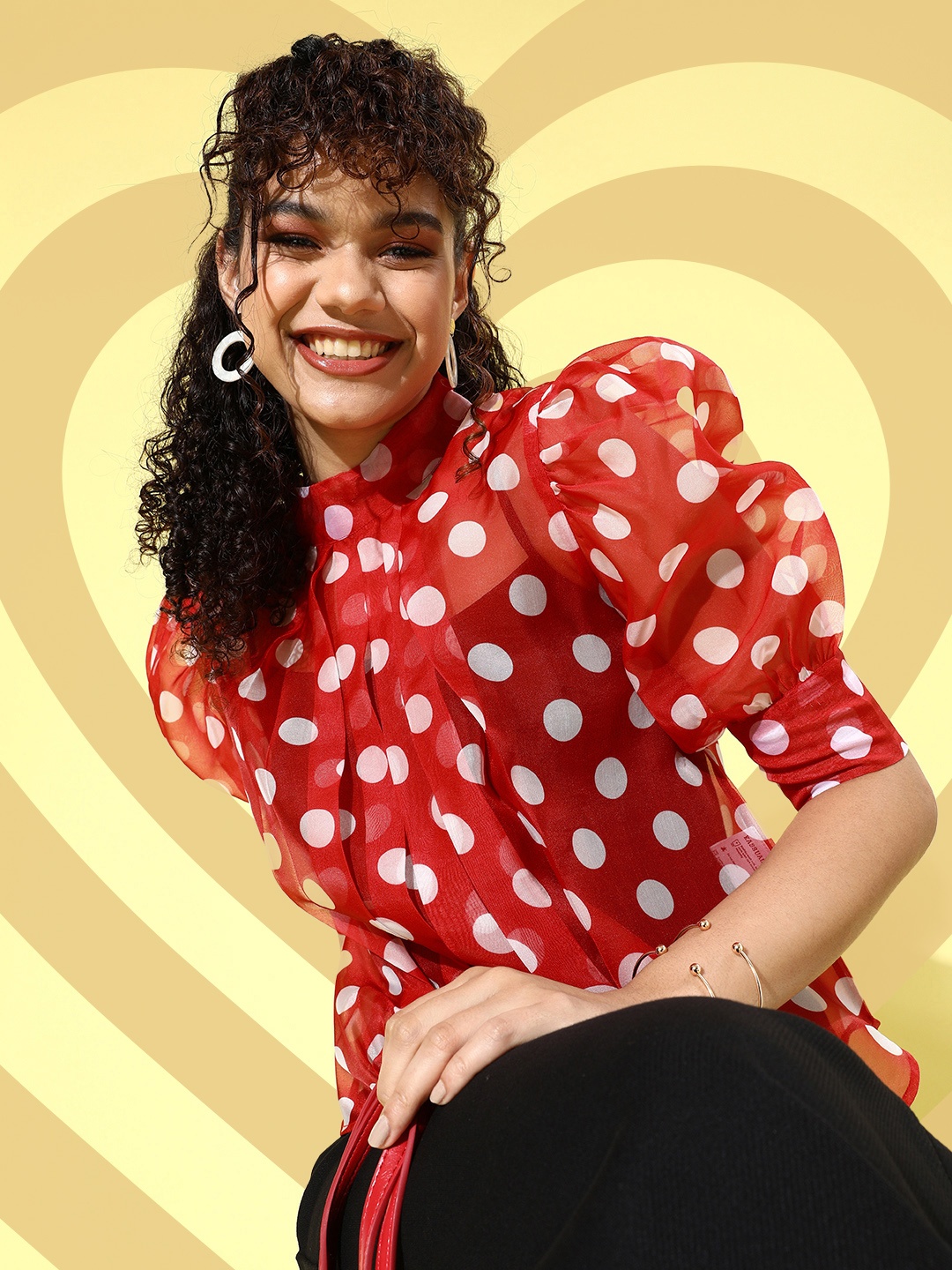 

KASSUALLY Women Red Polka Dots Puff Sleeves Top