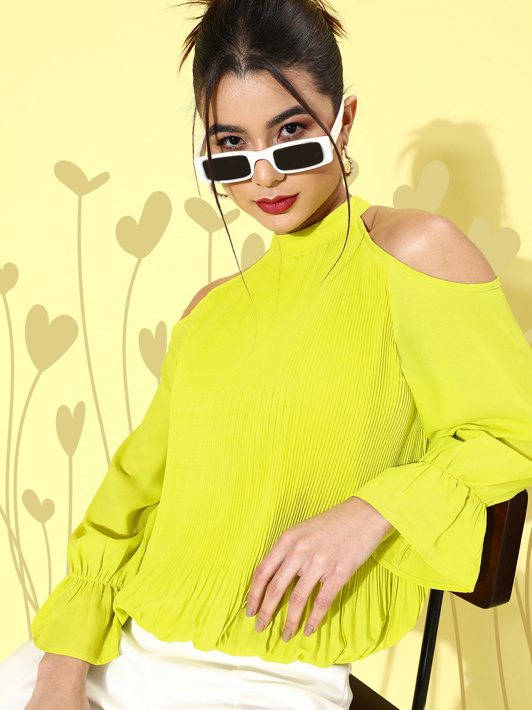 

KASSUALLY Women Attractive Lime Green Solid Accordion Pleated Top