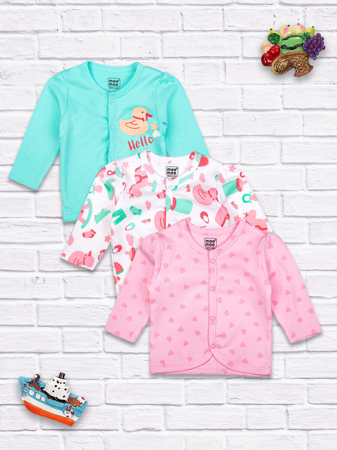

MeeMee Infant Girls Pink & White Pack Of 3 Printed Cotton Jhablas
