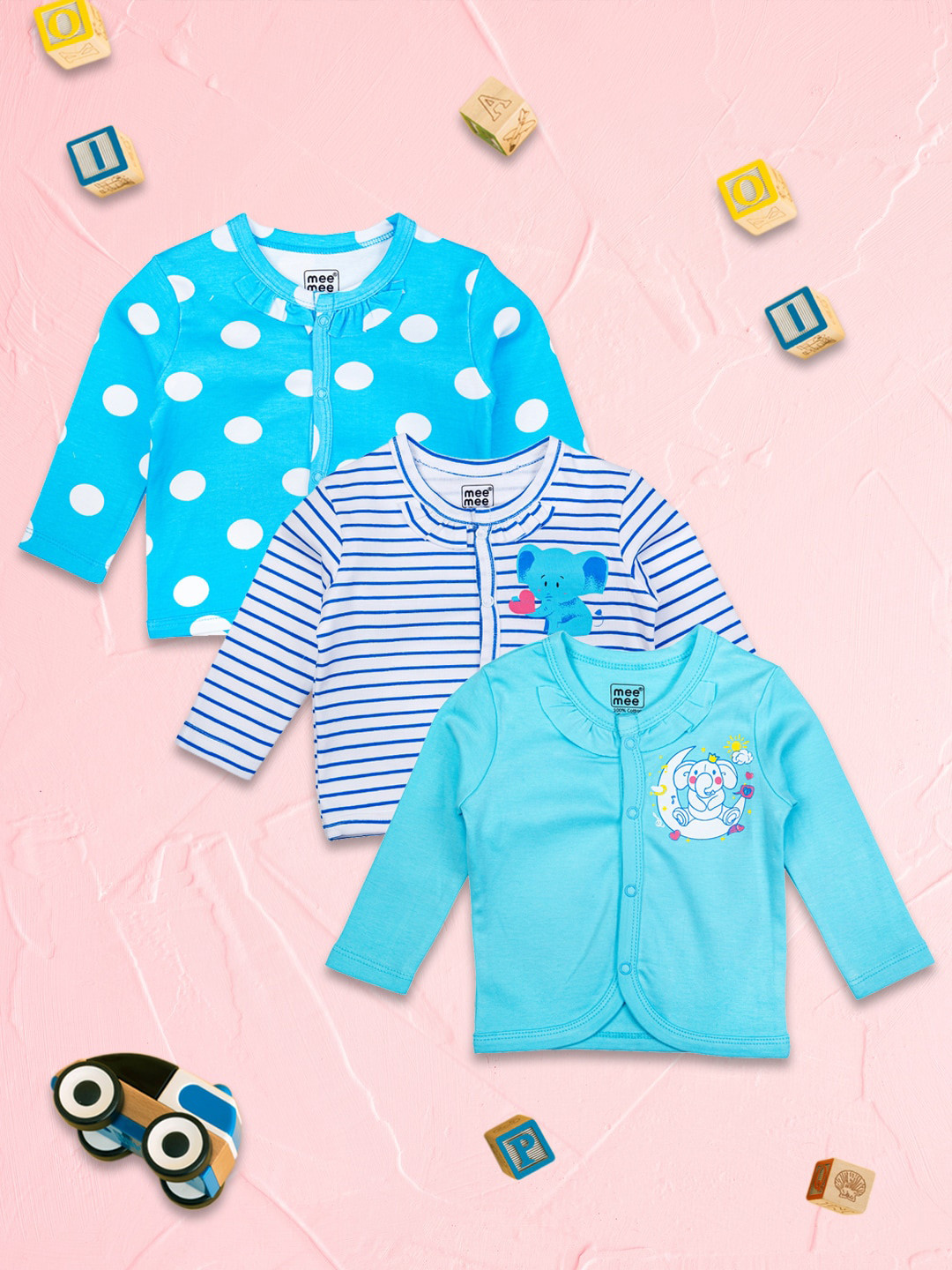 

MeeMee Infant Girls Blue & White Pack Of 3 Turquoise Blue & White Printed Cotton Jhablas
