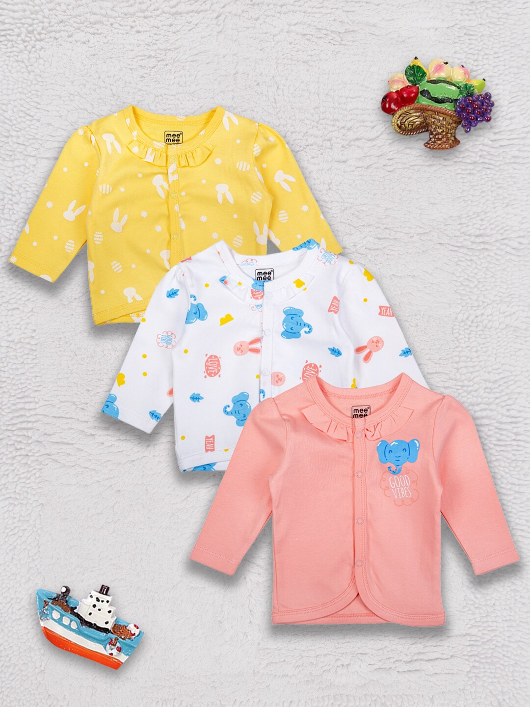 

MeeMee Infant Girls Pack Of 3 Printed Cotton Jhablas, White
