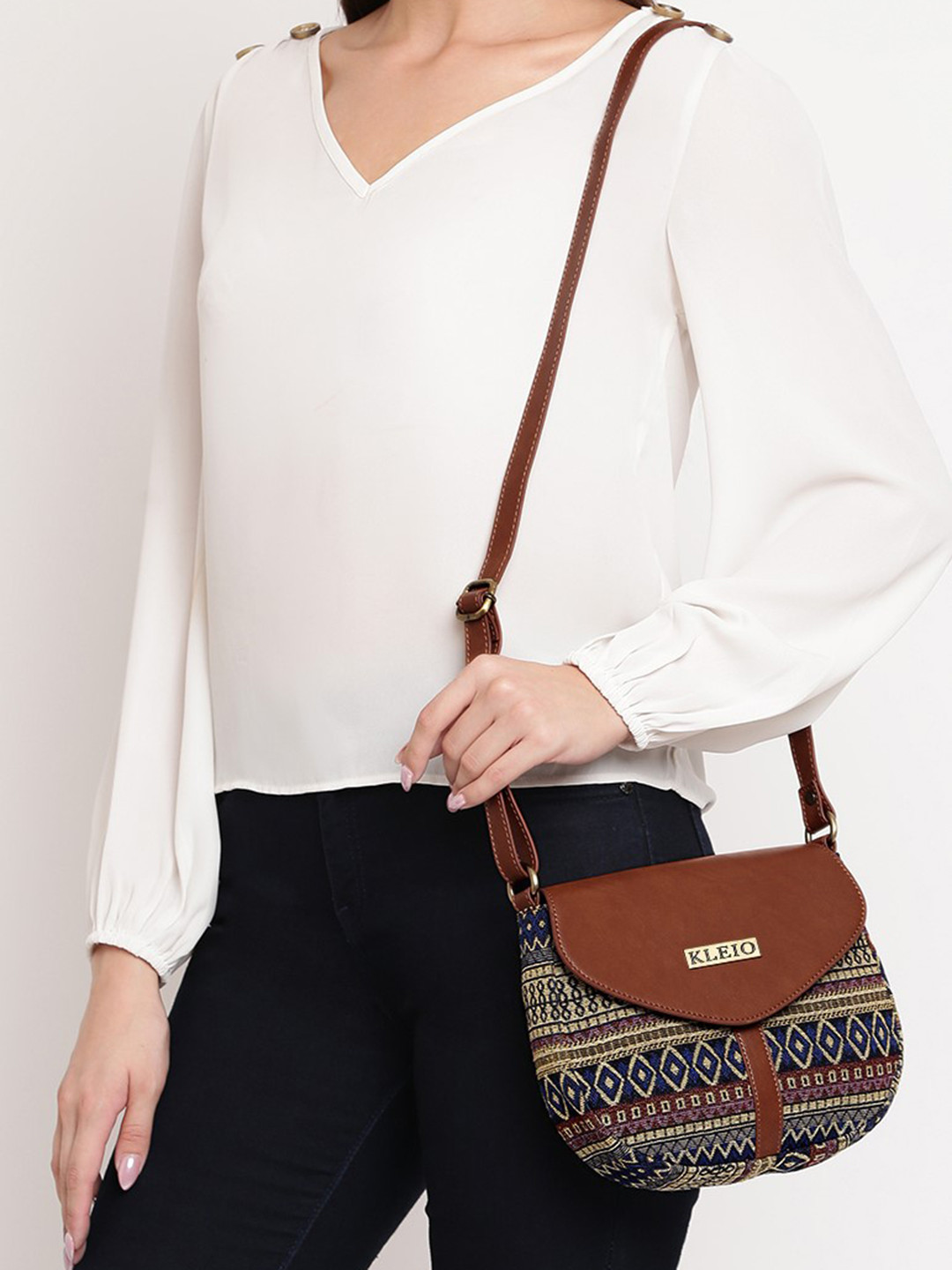 

KLEIO Brown & Yellow Jacquard Saddle Sling Bag