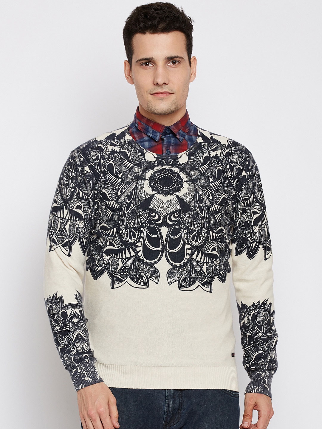 

Ed Hardy Men Charcoal Grey & Cream-Coloured Printed Sweater